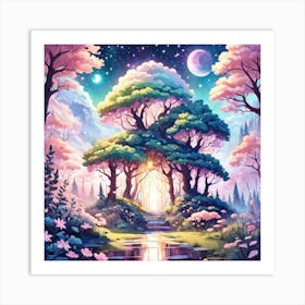 A Fantasy Forest With Twinkling Stars In Pastel Tone Square Composition 75 Art Print