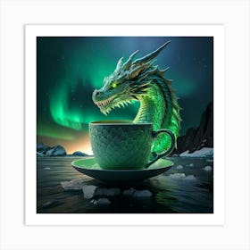 Firefly Green, Dragon, Coffee, Cup, Iceberg, Ocean, Artic, Background, Northern Lights, Hyper Realis (11) Art Print