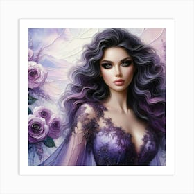 Beautiful Woman With Purple Roses Art Print