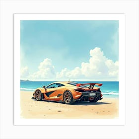 Exotic Sports Car By A Calm, Sunlit Beach, Watercolor Painting 1 Art Print