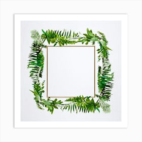 A Tropical Floral Decoration Showcasing A Square Frame Of A Stylized Tree Branch And Ferns Composit (3) Art Print