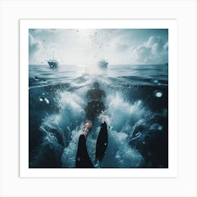 Underwater Portrait Of A Diver - Into the Water: A diver plunging into the ocean, with the water splashing all around them. The scene is captured from the diver's point of view, giving the viewer a sense of exhilaration and adventure. Art Print
