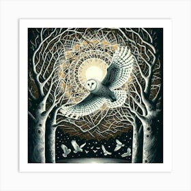 Silkscreen and Metaphysical Art: Oliver Vernon's White Owl Soars amid Glowing Contrasts by Pratt, Kinnaird, Wishart, and Morley. Art Print