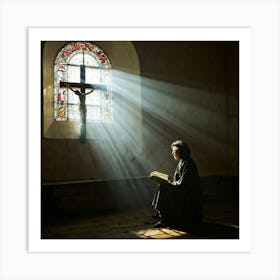 A Devoted Individual In Quiet Contemplation Clasping A Worn Holy Bible Tightly With An Air Of Sole (3) Art Print