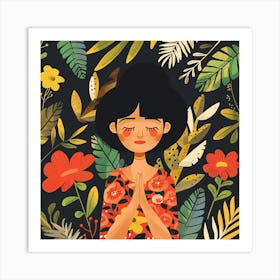 Asian Girl Praying With Flowers Art Print