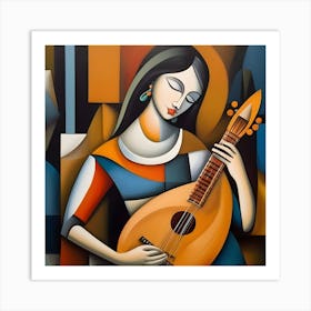 Woman Playing A Lute Art Print