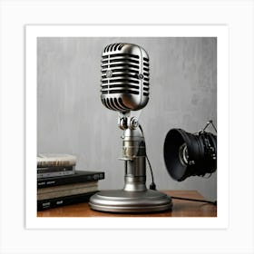 Vintage Microphone With A Sleek Metallic Finish Standing On An Antique Broadcast Stand Embodying Art Print