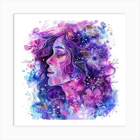 Watercolor Girl With Flowers Art Print