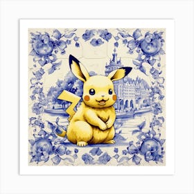 Pikachu Cartoon Delft Tile Illustration Art Print