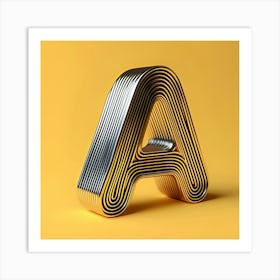 3d Typography Of The Letter A, On A Yellow Background, Chrome Shiny Texture, Ridges, Minimal Art Print