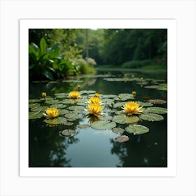 A Tranquil Pond With Blooming Yellow Water Lilies And Lush Green Foliage 4 Art Print