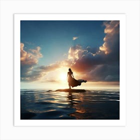 Woman Standing On A Rock At Sunset Art Print