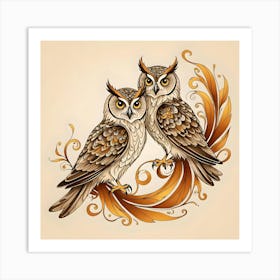 Pair of Orange, Yellow and Brown Owls Art Print