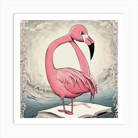 Flamingo On Book Art Print