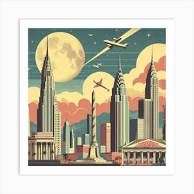 Vintage Travel Poster Depicting A Mid Century City Skyline With Iconic Landmarks, Style Retro Travel Poster Art Print