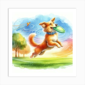 Watercolor Dog With Frisbee Art Print