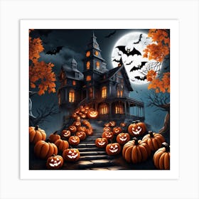 Halloween House With Pumpkins 1 Art Print