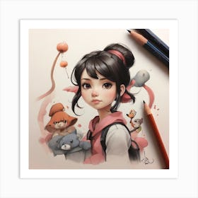 Girl With Teddy Bears Art Print