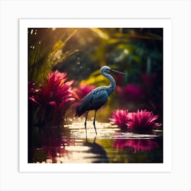 Wading Bird with Pink Flowers of the Tropical Lagoon Art Print