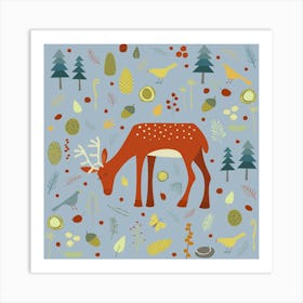 Deer in the Forest Blue Art Print