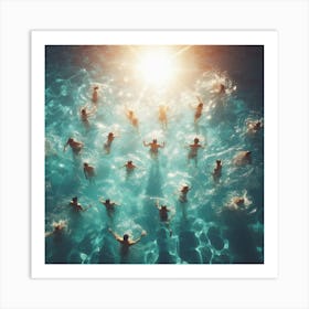 People Swimming In The Pool - A group of people swimming in a pool, with the sun shining down on them and the water sparkling. The scene is captured from a bird's-eye view, giving the viewer a sense of scale and perspective. Art Print