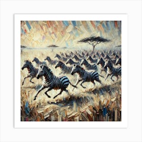 An Abstract Oil Painting Of A Herd Of Zebra Running Through The Savanna On Their Migration.AI 1 Art Print