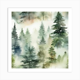 Appalachian Mountains of Misty Pines Watercolor Print of Evergreen Forest..358 Art Print