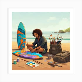 Person Painting A Colorful Surfboard On A Beach, Surrounded By Art Supplies Art Print