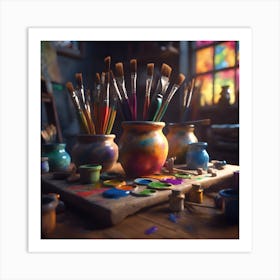 Artist's Studio- Paintbrush Pots and Paint Art Print