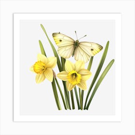 Daffodils And Butterfly Art Print