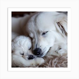 White Retriever Mom And Pup Sleeping Art Print