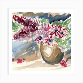 Pink Flowers In A Clay Vase - watercolor painting floral flowers square Art Print