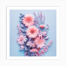 Pink Flowers On A Blue Background Art Print