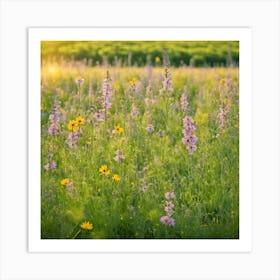 Wildflowers At Sunset, Landscape Of A Meadow With Wildflowers In Bloom art print Art Print