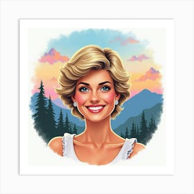 Princess Diana Smiling With Watercolor Mountains And A Sky Of Colorful Hues Art Print