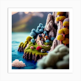 A mountain village consisting of several wooden huts surrounded by mountains 4 Art Print