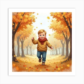 Baby Boy With A Cozy Sweater Playing In A Watercolor Autumn Park Art Print