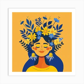 Girl With Flowers On Her Head Art Print