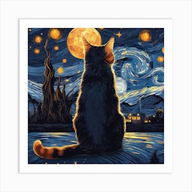 van goth starry night with cat Art Print