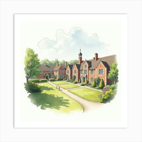 Watercolor Illustration Of The Winchester College, Showcasing Its Historic Buildings And Picturesque Grounds Art Print