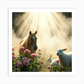 Horse And Sheep In A Field Art Print