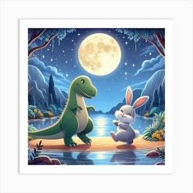 Dinosaur And Rabbit At Night Art Print