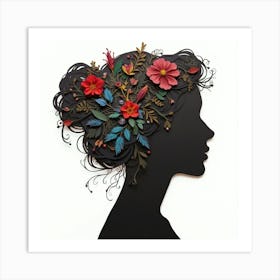 Silhouette Of A Woman With Flowers Art Print