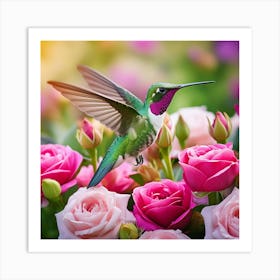 Hummingbird With Roses Art Print