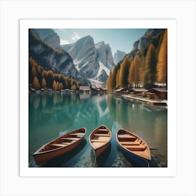 Beautiful Lake With Boats In The Italian Alps Lago Di Braies 1 Art Print