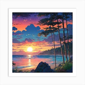 Serene Sunset View Over a Tranquil Ocean From a Lush Tropical Forest 1 Art Print