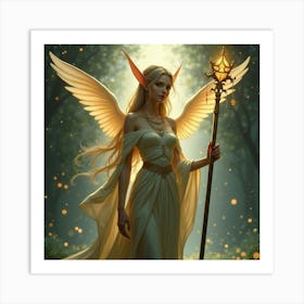 A Graceful Elf With An Elegant Staff, Surrounded By Ethereal Lights 1 Art Print