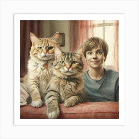 Cat And The Boy Art Print