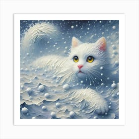 White Cat In The Snow 1 Art Print