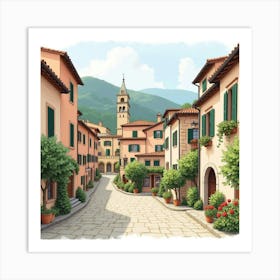 Cozy Italian Village Scene In Watercolor, With Winding Streets And Historic Buildings 1 Art Print